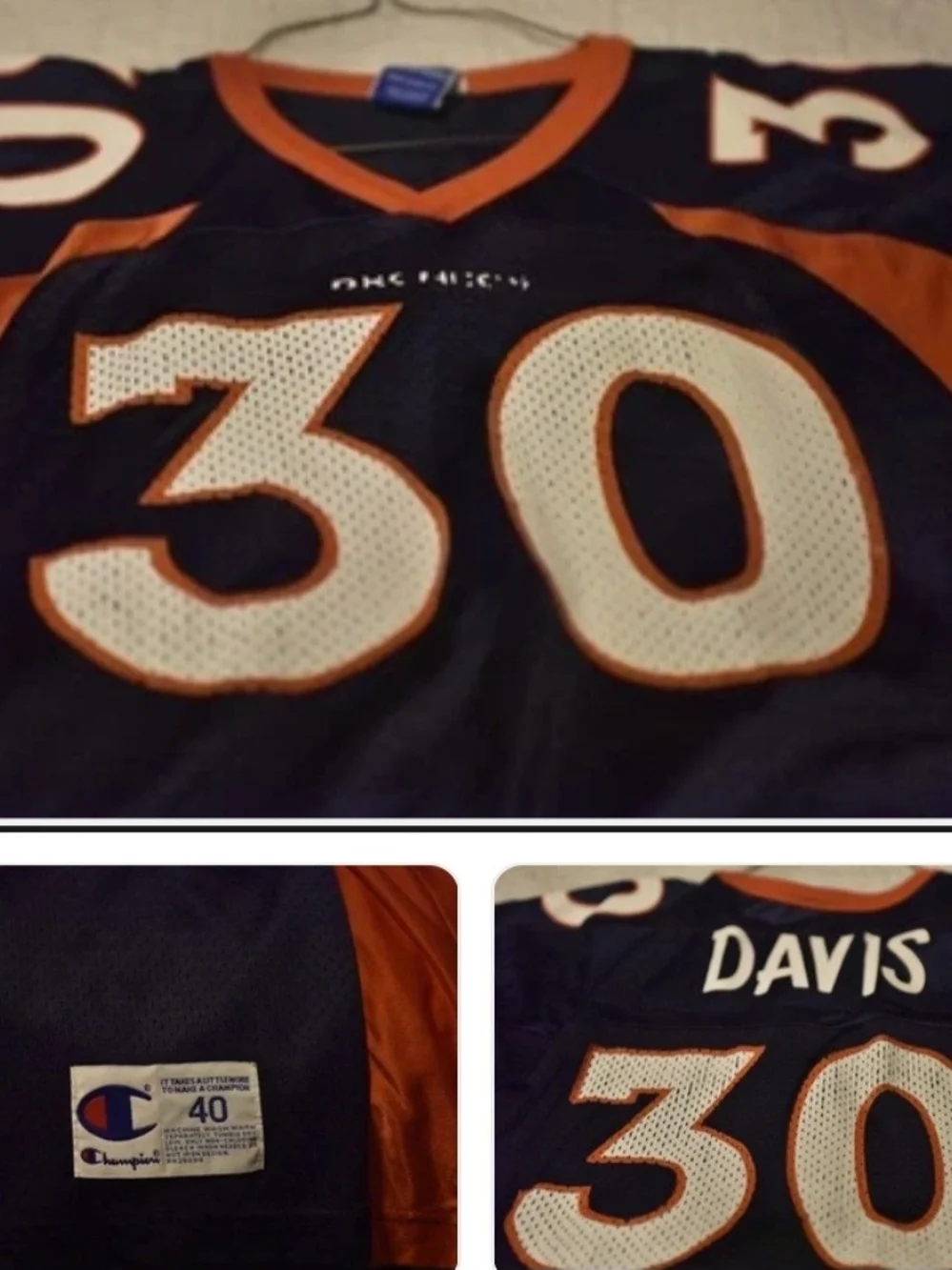 Vntg Davis #30 Champion Navy and Orange Football Jersey with White Numbers